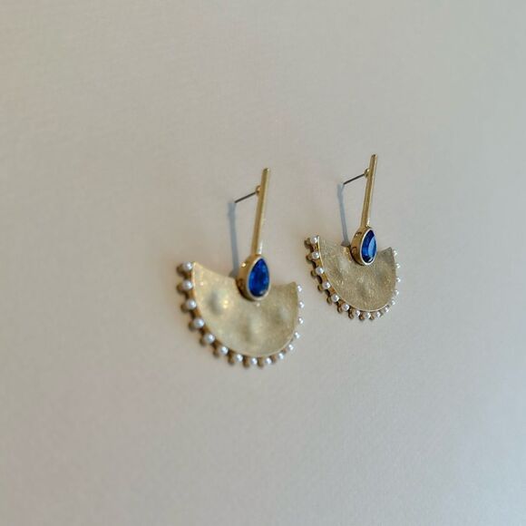 Anthropologie Semi-Circle Gold Earrings with Blue Accents - Picture 2 of 3